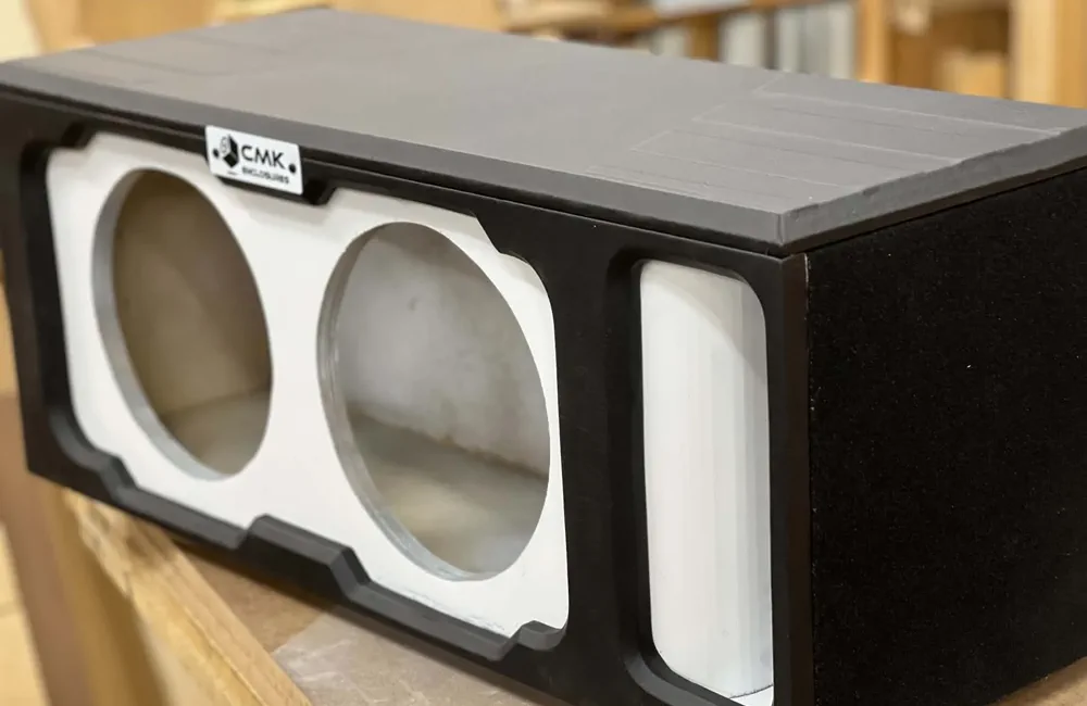 Close-up of a hand-built CMK custom subwoofer enclosure