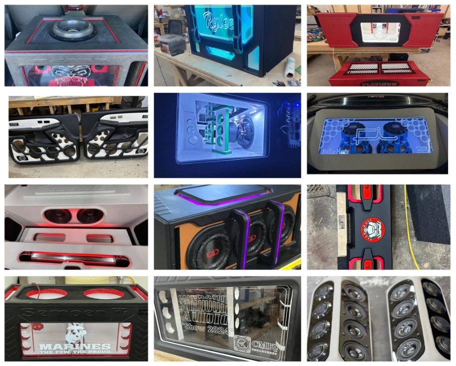 Portfolio collage showing twelve custom CMK enclosures, doors, speaker pods, and illuminated installations